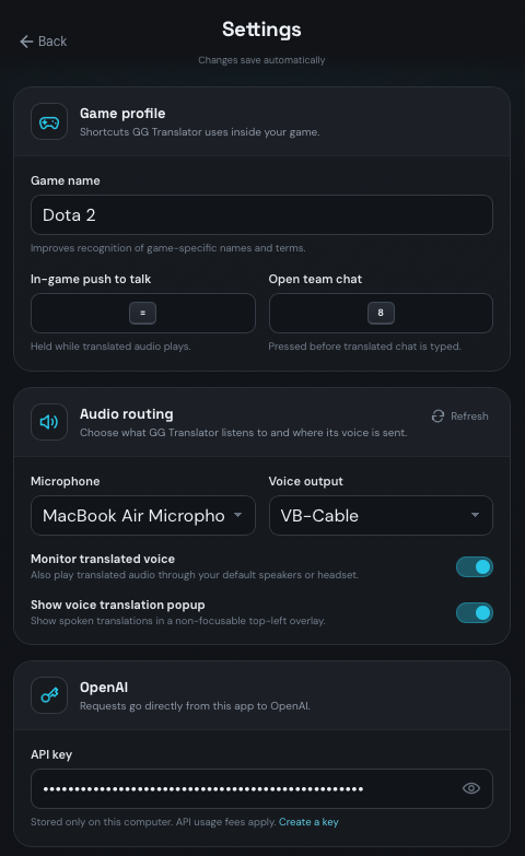 GG Translator settings page